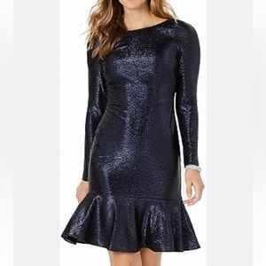 NIGHTWAY Dark Blue Shimmer Scoop Back Long Sleeve Evening Dress Size 10